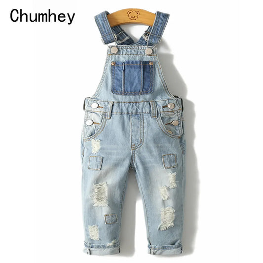 Kids Overalls 0-8T Soft Stretchy Denim Ripped Holes Boys Girls Bib