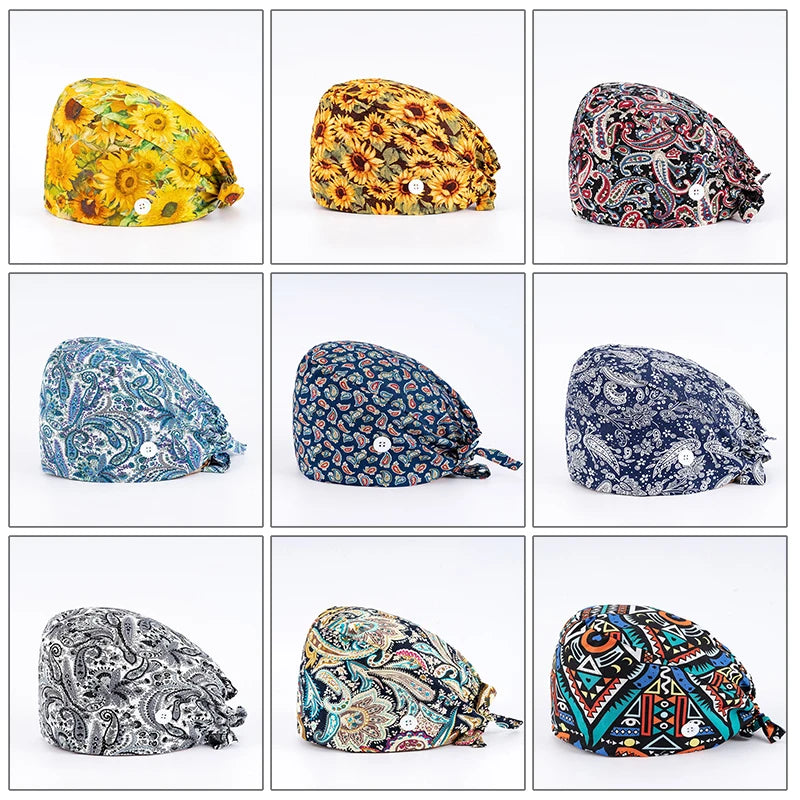 Buttons Candy Printing Scrub Caps Unisex Cotton Scrubs Cap Nurse