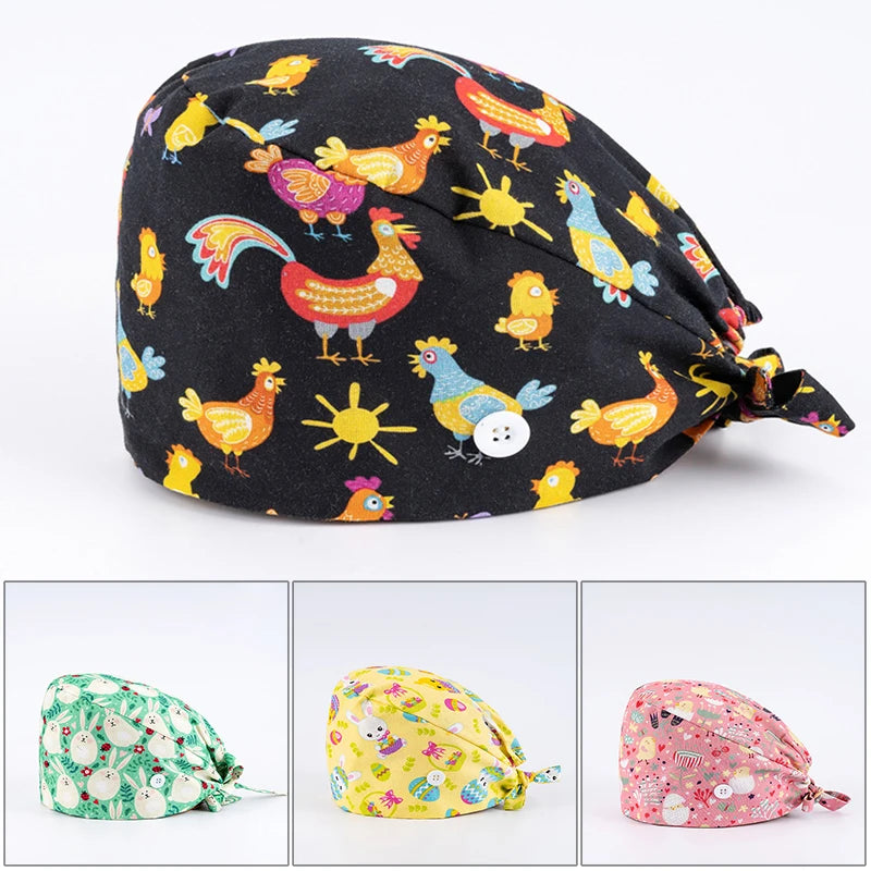 Buttons Candy Printing Scrub Caps Unisex Cotton Scrubs Cap Nurse