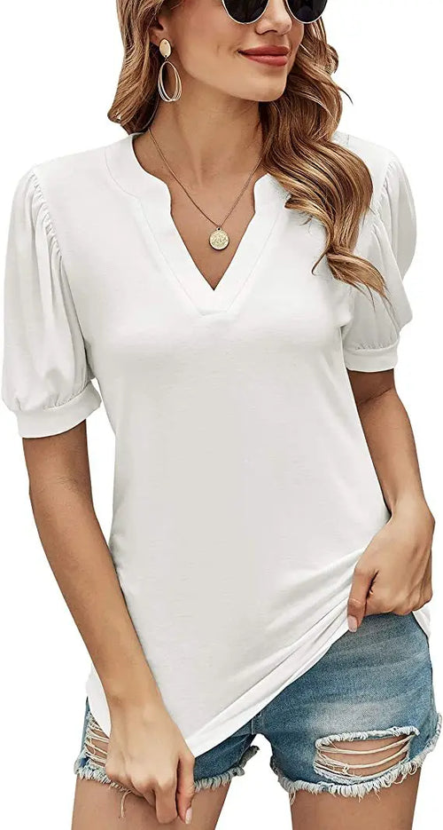 Custom LOGO Text Tops 2023 Summer New Casual V-Neck Solid Color Bubble