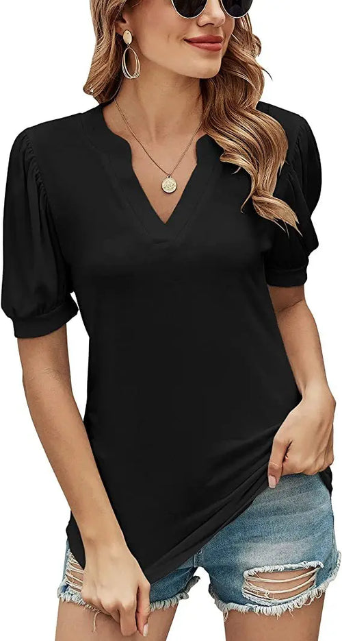 Custom LOGO Text Tops 2023 Summer New Casual V-Neck Solid Color Bubble