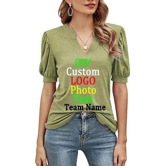 Custom LOGO Text Tops 2023 Summer New Casual V-Neck Solid Color Bubble