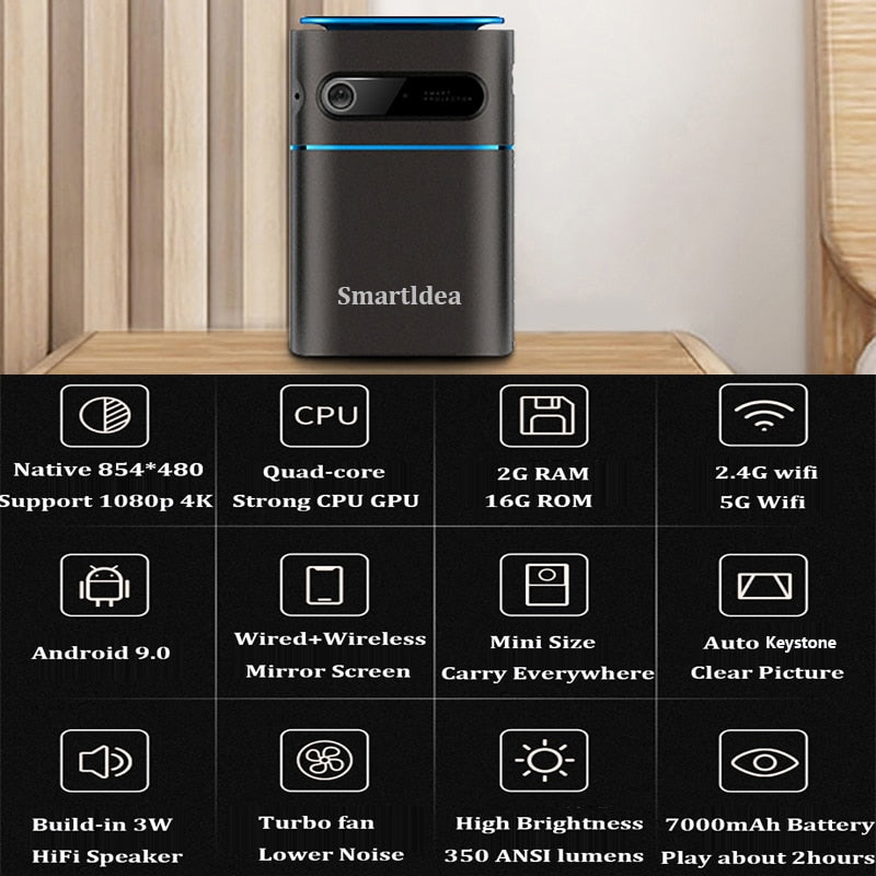 Smartldea Pico Smart Android9.0 Projector Wifi 1080p 4k Support