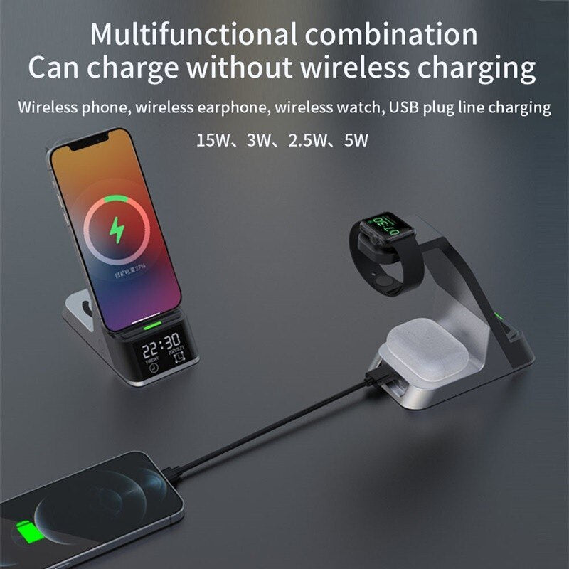 15W Alarm Clock Qi Wireless Charger For Iphone XS 11 12 13 Pro Max