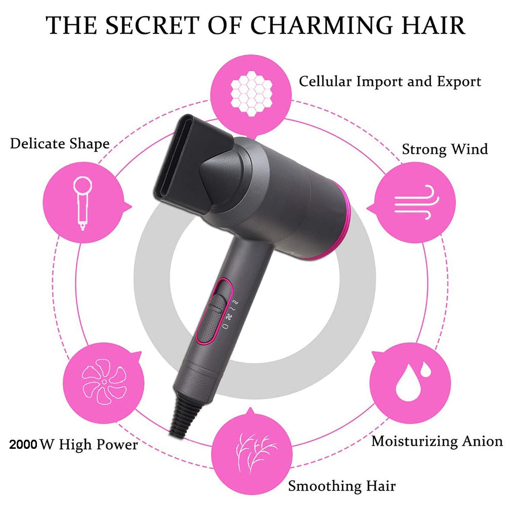 Anion Hair Dryer Hot And Cold Strong Wind With Diffuser 3 Nozzles