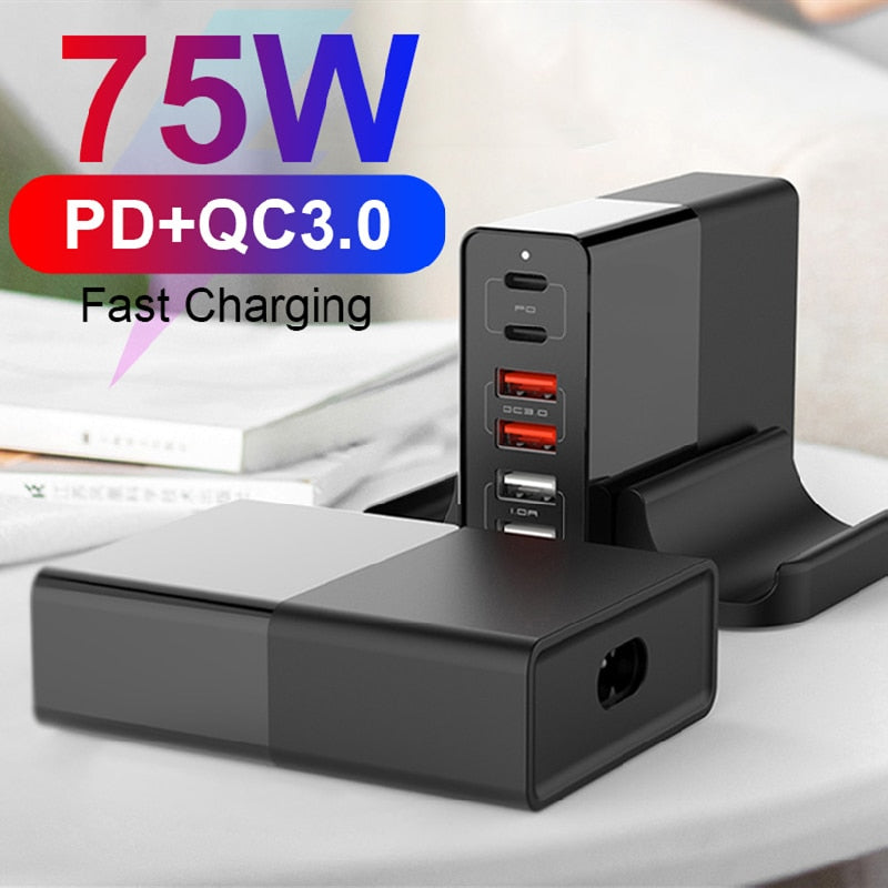 ILEPO 75W USB Charger PD QC3.0 Dual Protocol Fast Charge 6 Port Multi