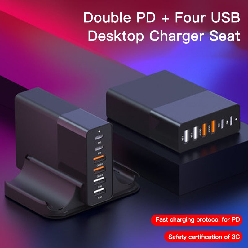ILEPO 75W USB Charger PD QC3.0 Dual Protocol Fast Charge 6 Port Multi