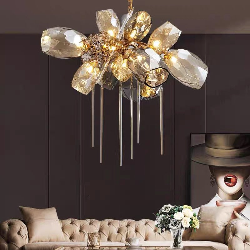 Modern Luxury Villa Glass Chandelier Duplex Stairs Living Room Art