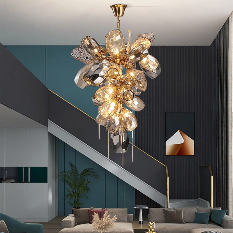 Modern Luxury Villa Glass Chandelier Duplex Stairs Living Room Art
